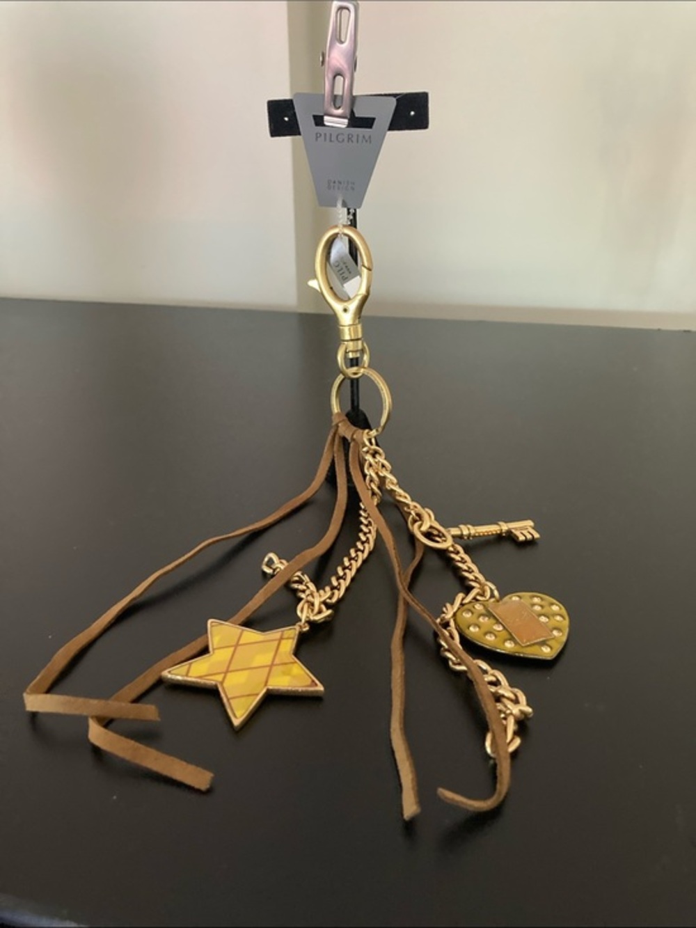Pilgrim Gold and Tan Star & Heart Tassel Keyring